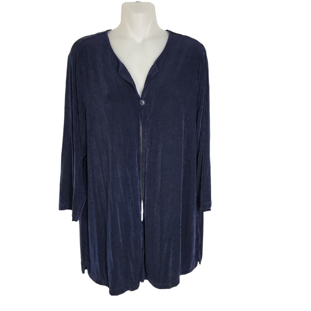 Coldwater Creek Womens Cardigan Sz XL Blue 1 Button 3/4 Sleeve Slinky Travel USA